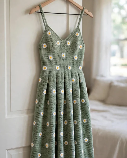 Salbeigrünes Gänseblümchen-Häkelkleid – Kostenlose Häkelanleitung