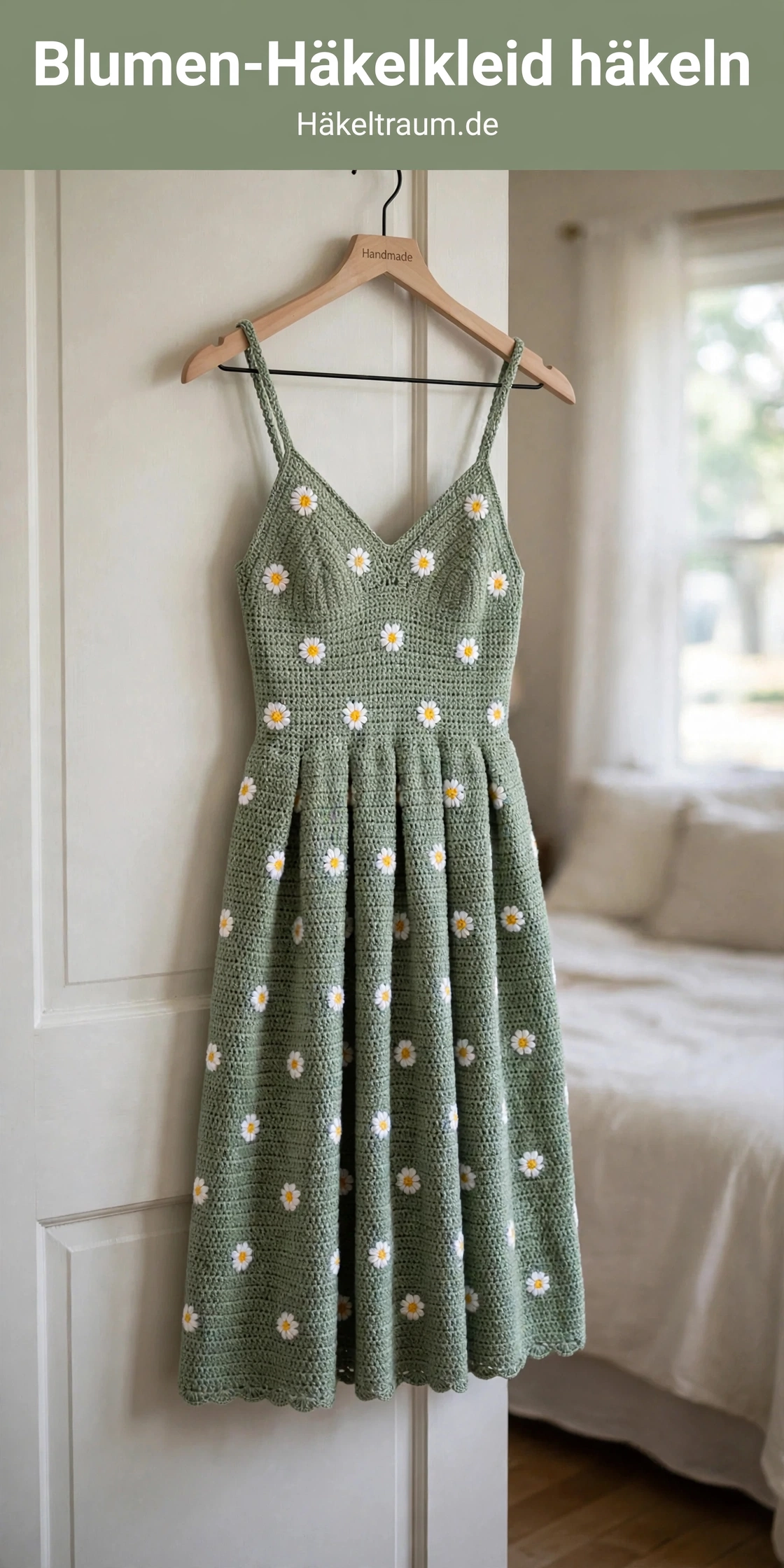 Salbeigrünes Gänseblümchen-Häkelkleid