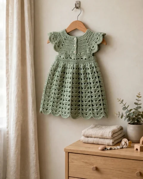Salbeigrünes Spitzen-Babykleid häkeln – Kostenlose Anleitung