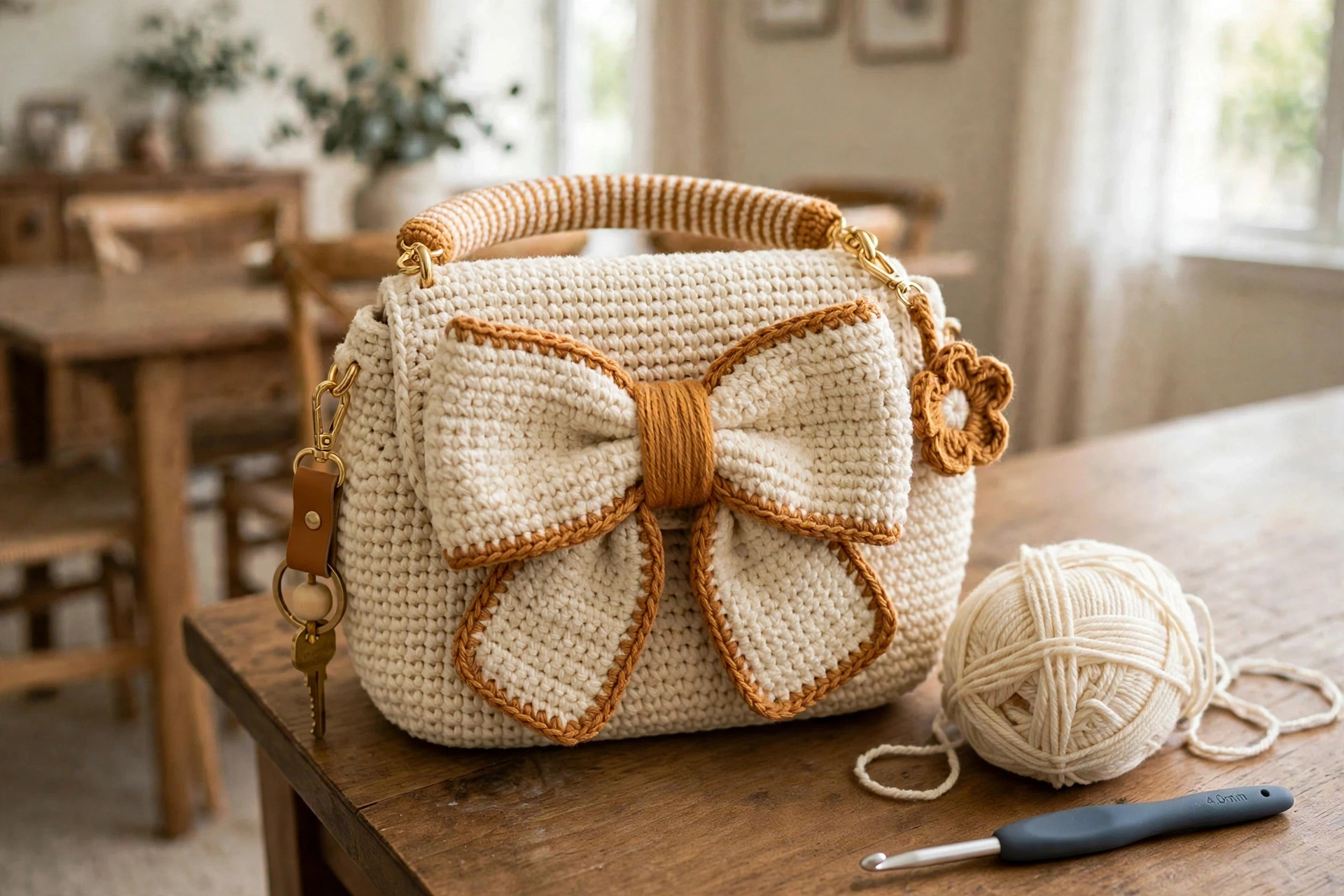 Schleifendetail der gehäkelten Tasche