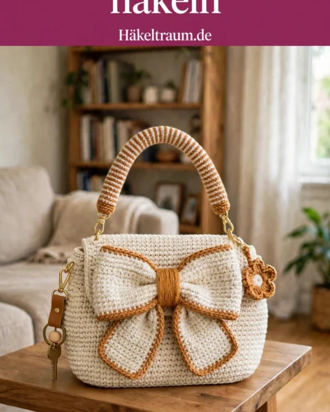 Cremeweiße elegante Schleifentasche – Kostenlose Häkelanleitung