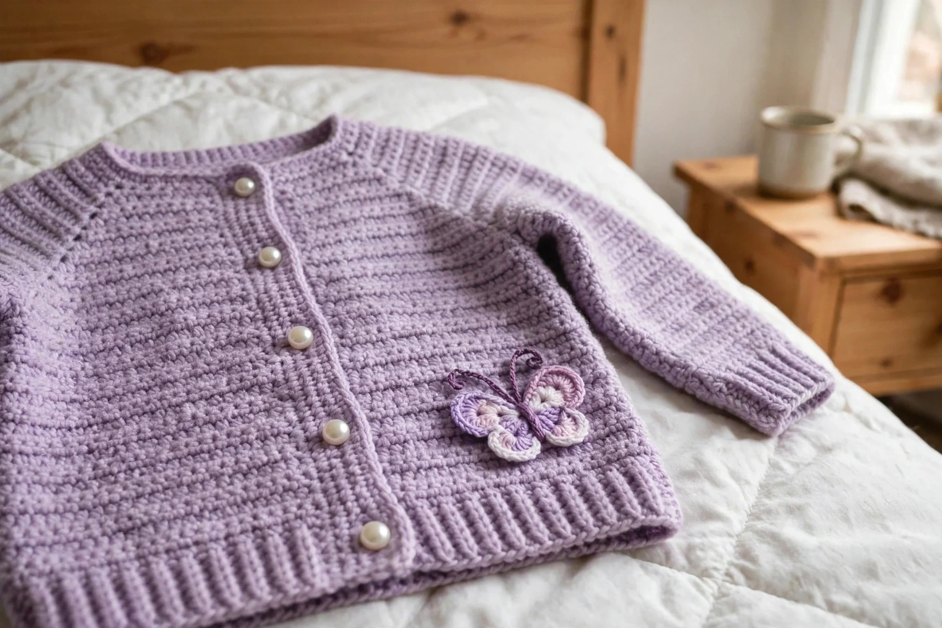 Lavendel Schmetterling Baby Cardigan Detail