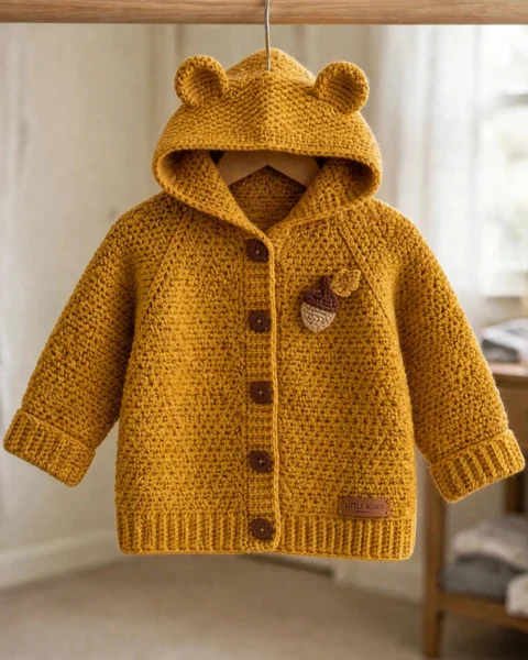 Senfgelbe Babyjacke mit Bärenohren häkeln – gratis Anleitung