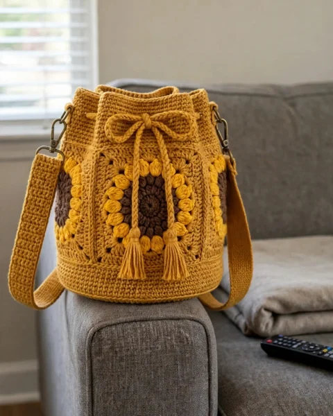 Sonnenblumen-Granny-Square-Eimertasche – Kostenlose Häkelanleitung