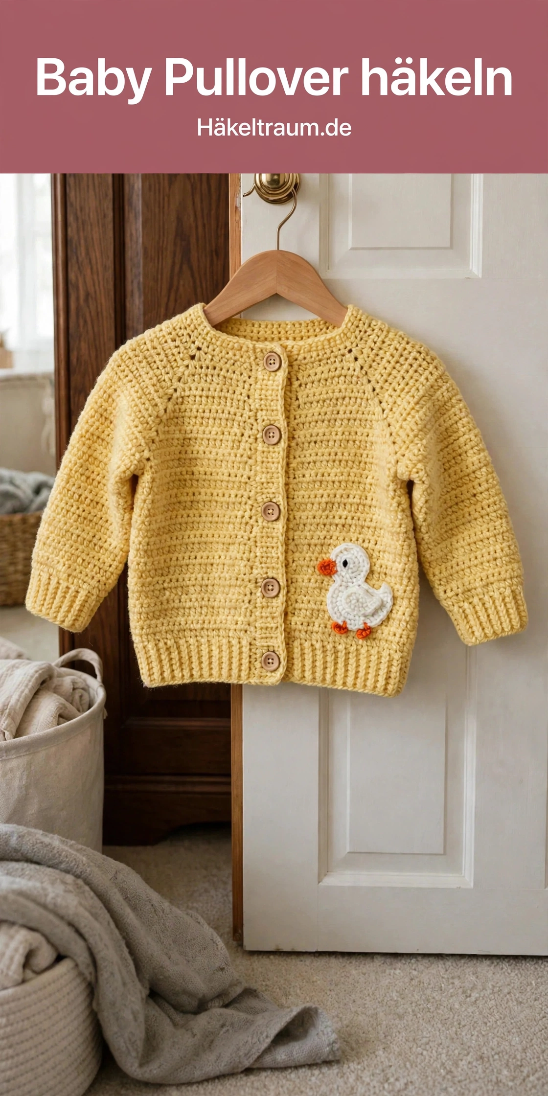 Sonnengelbe Babyjacke mit Entenapplikation auf einem Tisch gelegt