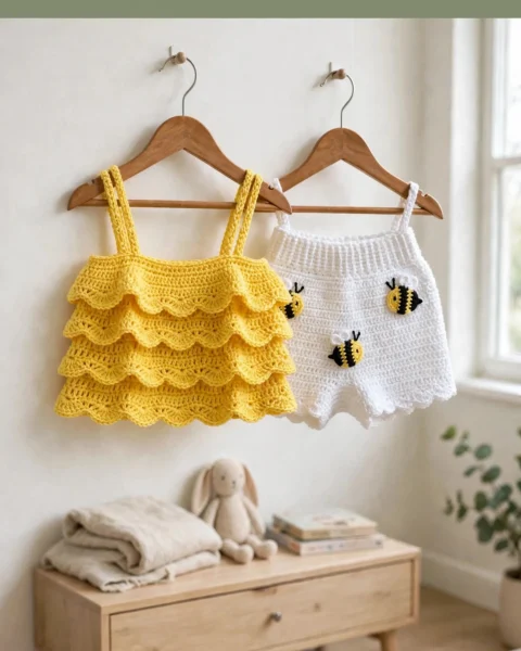 Sonnengelbes Rüschentop & Bienenshorts häkeln