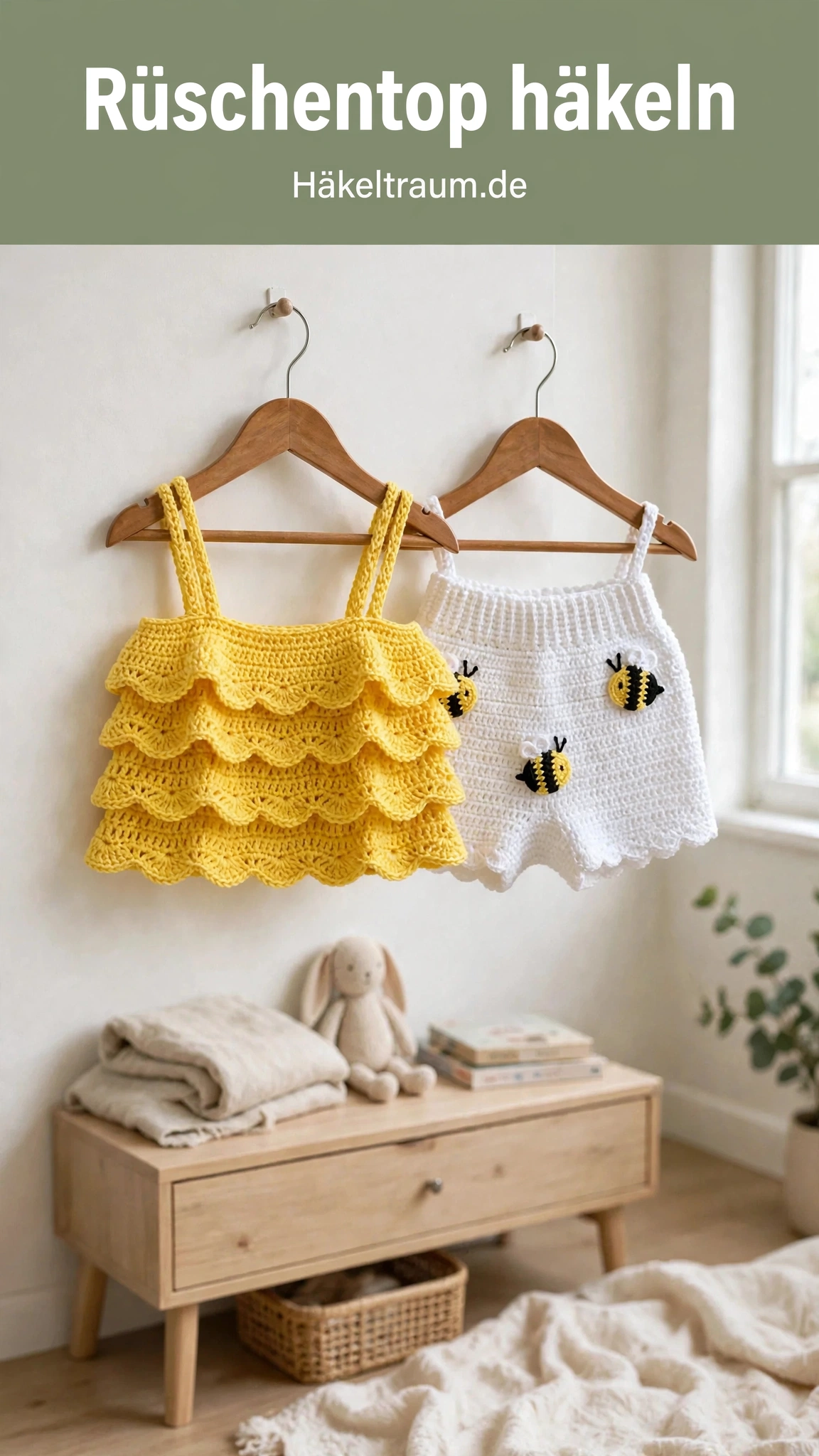 Sonnengelbes Häkel-Rüschentop und weiße Bienenshorts