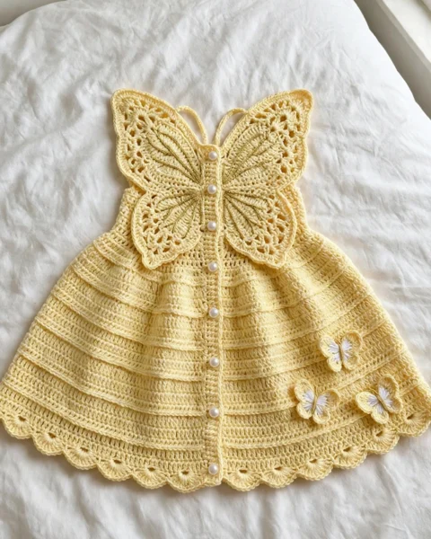 Sonnengelbes Schmetterlings-Babykleid häkeln – Kostenlose Häkelanleitung