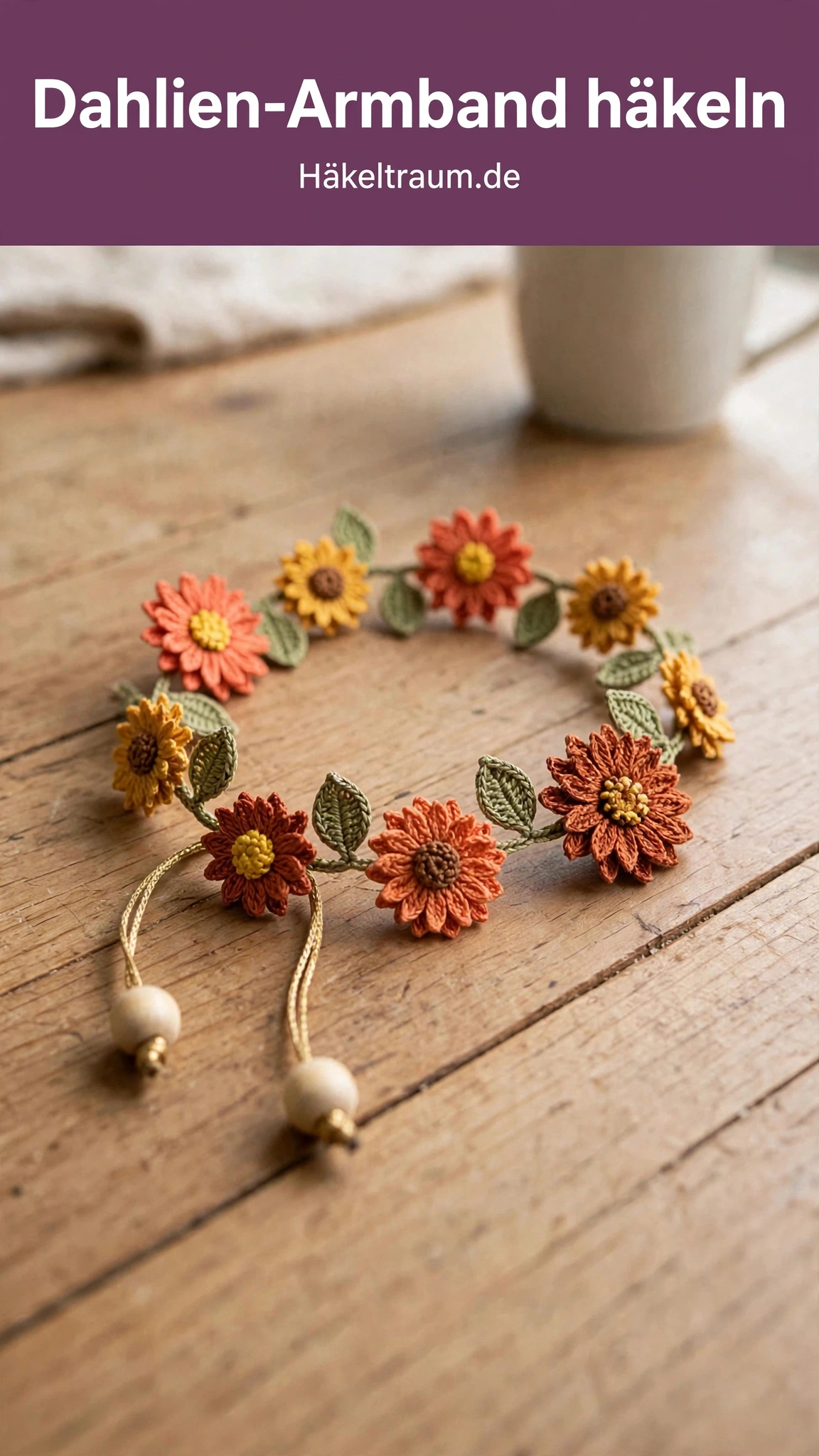 Gehäkeltes Dahlien-Armband in Sonnenuntergangsfarben