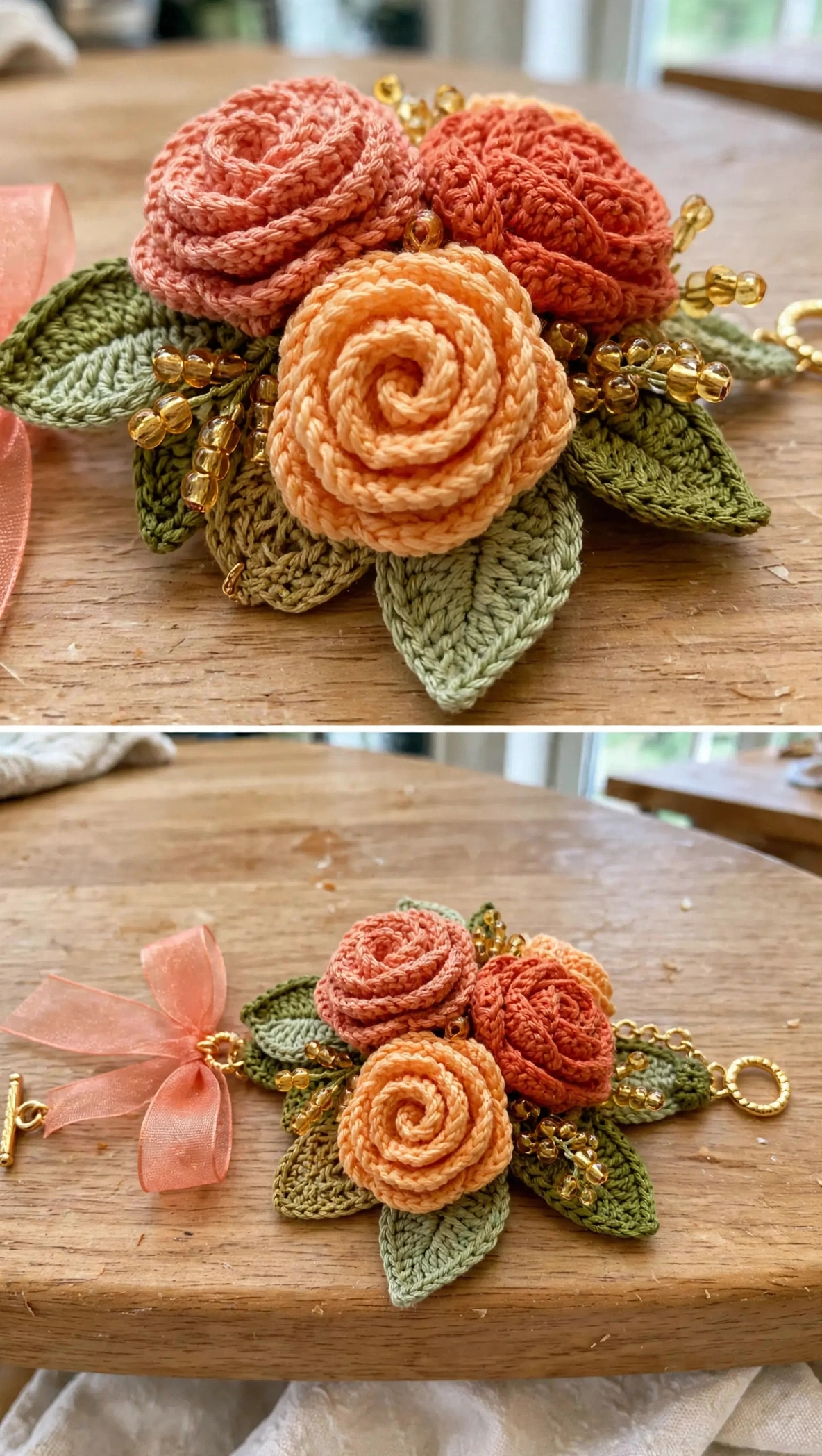 Close-up der Häkelrosen, Blätter, Perlen und Schleifendetail