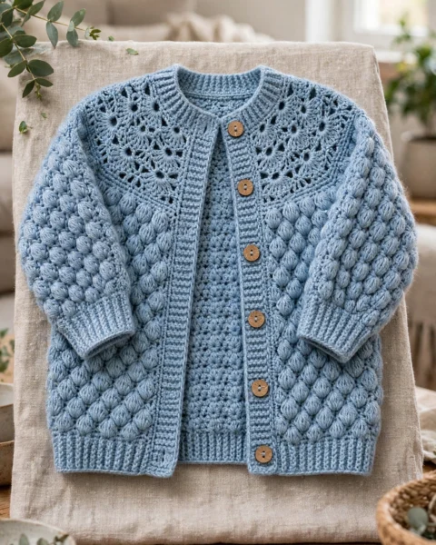 Staubblauer Baby-Cardigan – Kostenlose Häkelanleitung