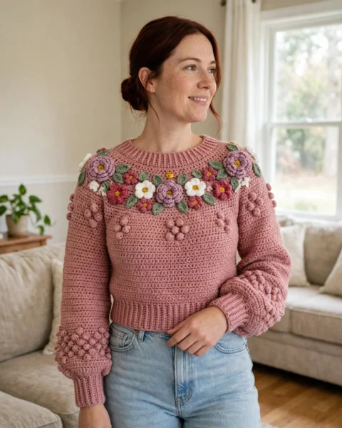 Staubrose Blumen Pullover häkeln – Kostenlose Anleitung