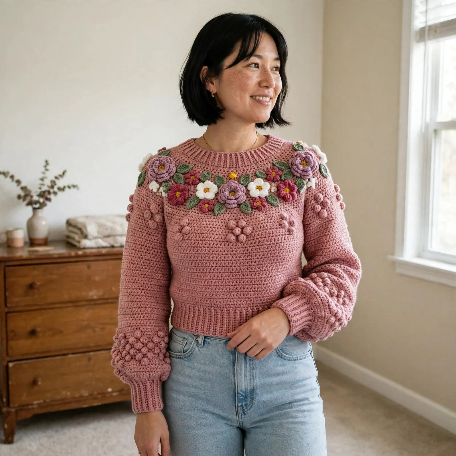 Staubroser Blumen Pullover mit floraler Passe