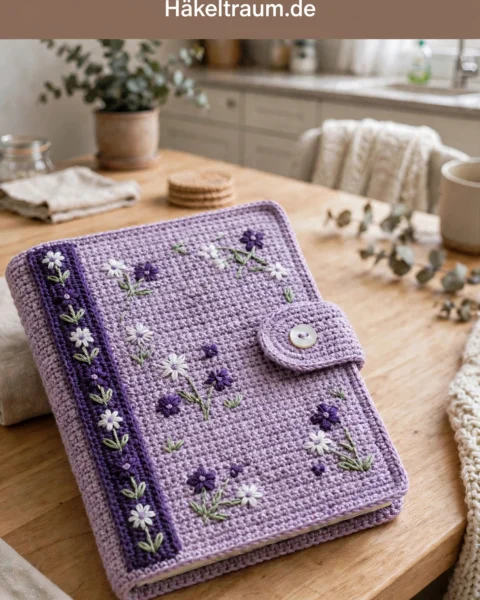 Lavendel Tagebuchhülle häkeln – mit Wildblumen bestickt