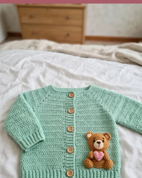 Minzgrüner Teddybär Baby Pullover häkeln – Kostenlose Anleitung