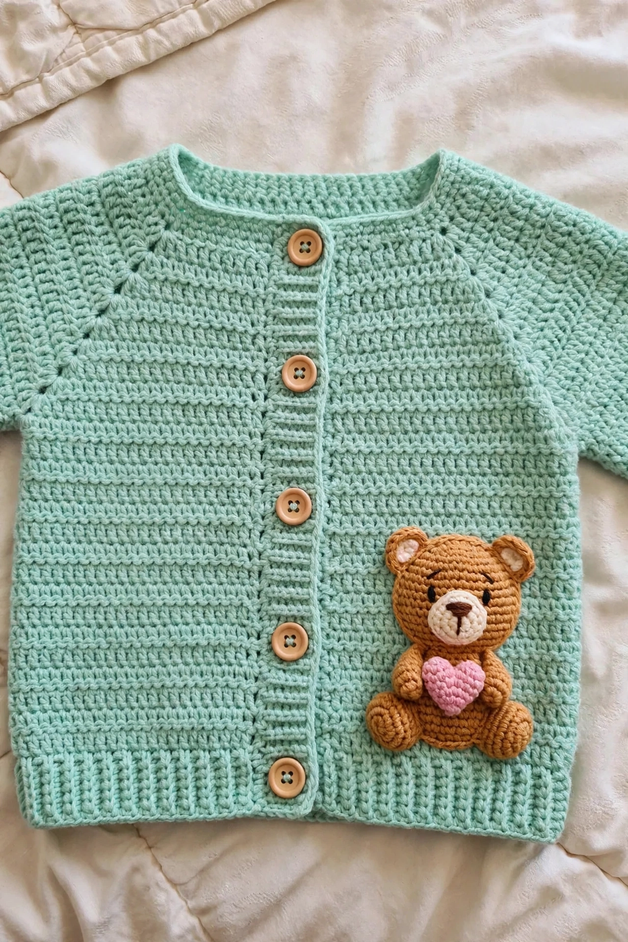 Minzgrüner Teddybär Baby Pullover Bärendetail