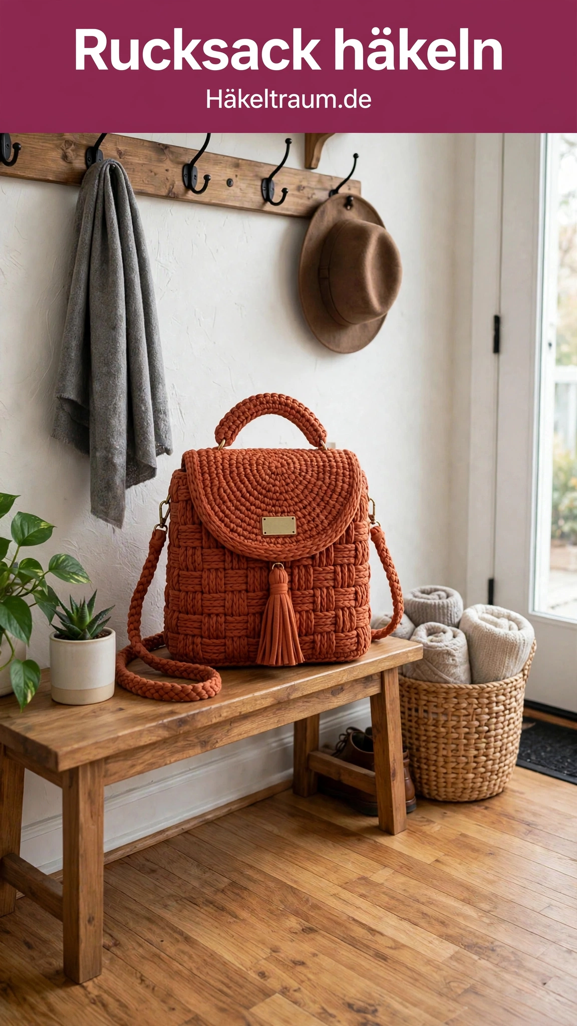 Terrakotta Korbmuster Häkelrucksack mit Messinghardware