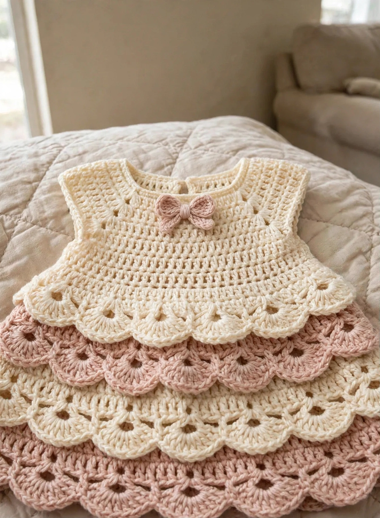 Vanille-Rosé Stufen-Babykleid Detail