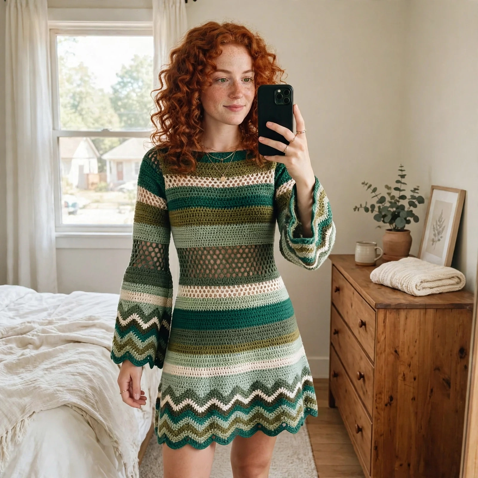 Waldgrünes Glockenärmel-Kleid