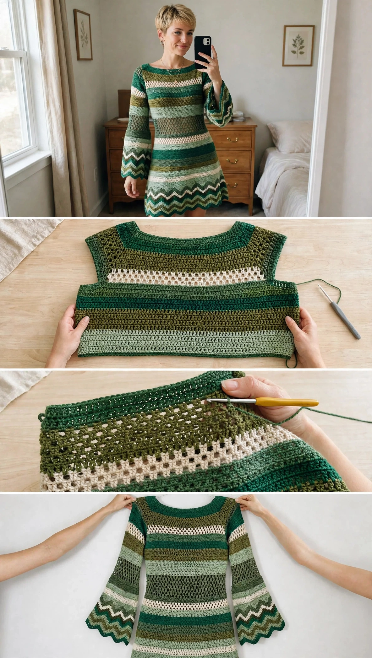 Waldgrünes Glockenärmel-Kleid Prozess