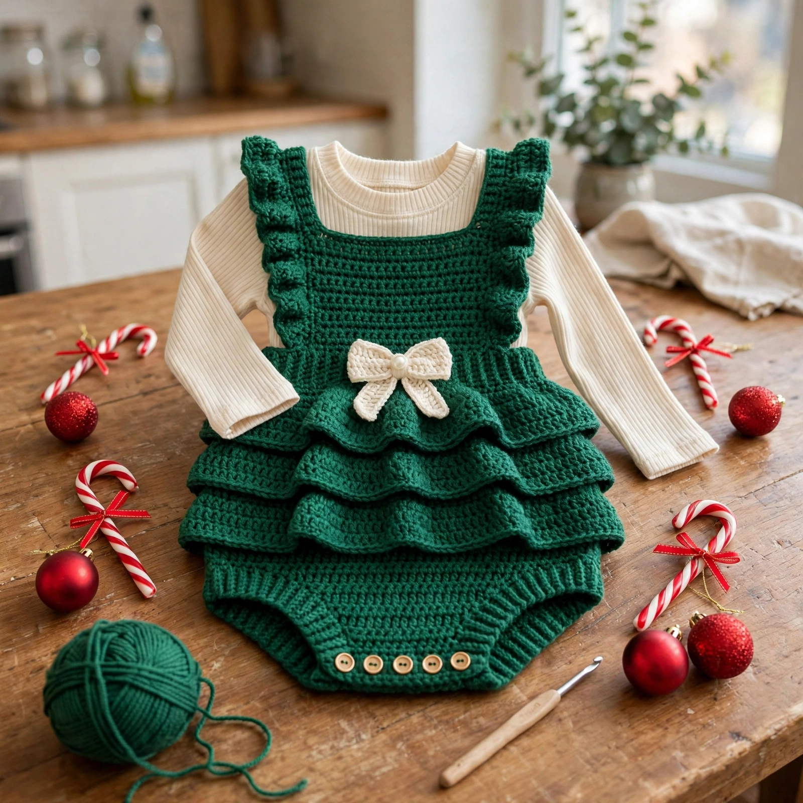 Smaragdgrüner Weihnachts Baby Strampler in Arbeit