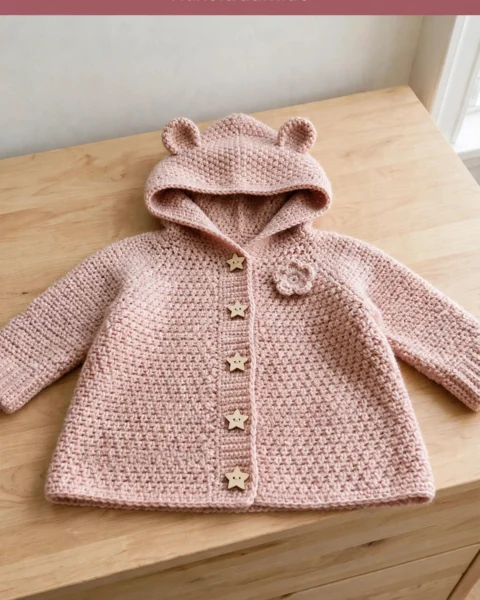 Zartrosa Bärenohren-Babymantel mit Kapuze häkeln – gratis Anleitung