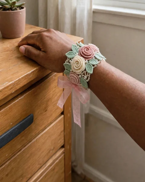 Zartrosa Rosengarten-Armband häkeln – gratis Anleitung